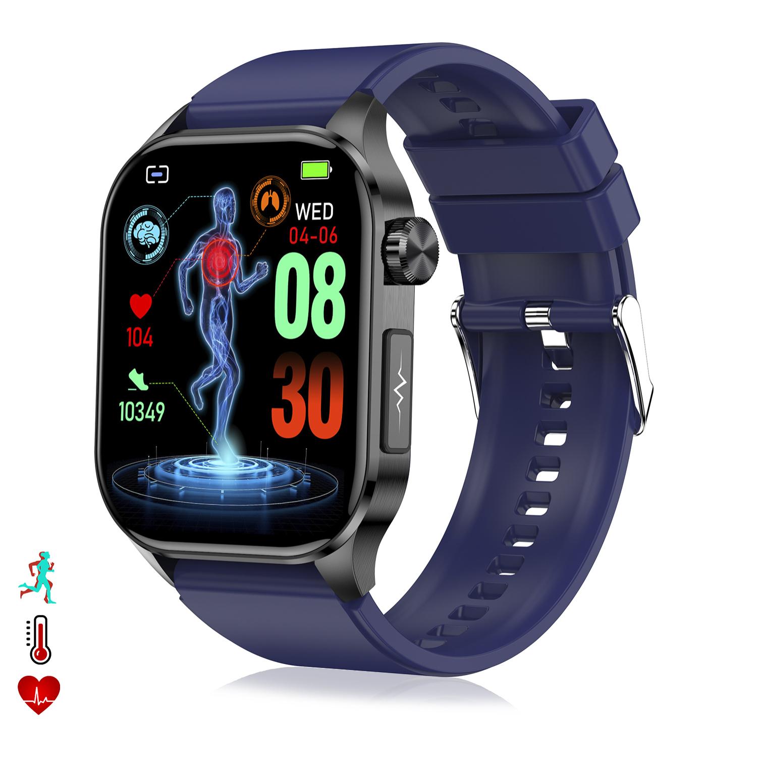 DAM Smartwatch ET580. ECG con banda para pecho, glucosa en sangre, ácido úrico y lípidos, IMC grasa corporal, temperatura, O2 y tensión. 5,3x1,1x4 Cm. Color: Azul Oscuro