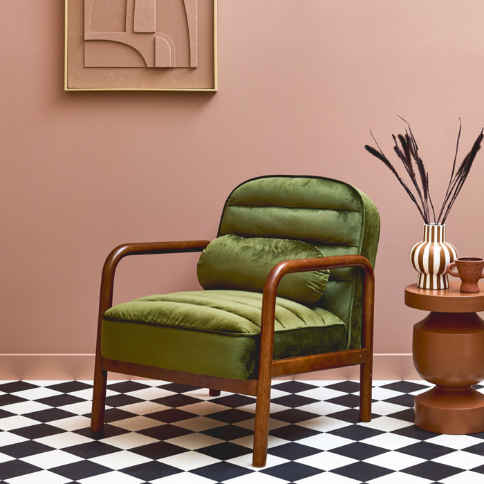 Fauteuil scandinave bois d'hévéa teinté noyer et velours AMELIE