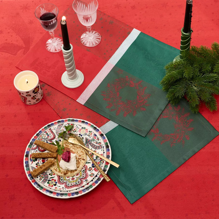 Set pur coton anti tache motif jacquard Noel magique houx