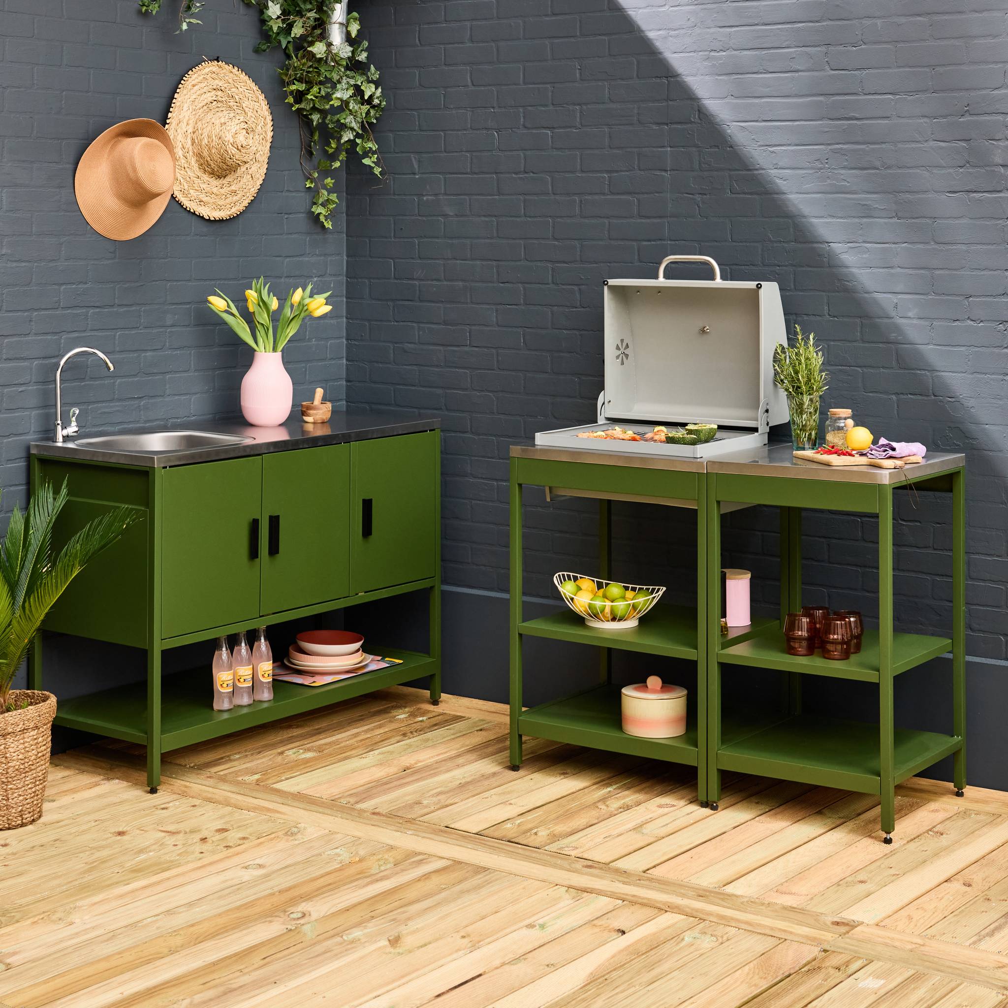 Cuisine d'extérieure 3 modules avec barbecue charbon de bois sur pieds, 2 étagères et thermomètre NAXOS BARBECUE CHARBON + 2 MODULES