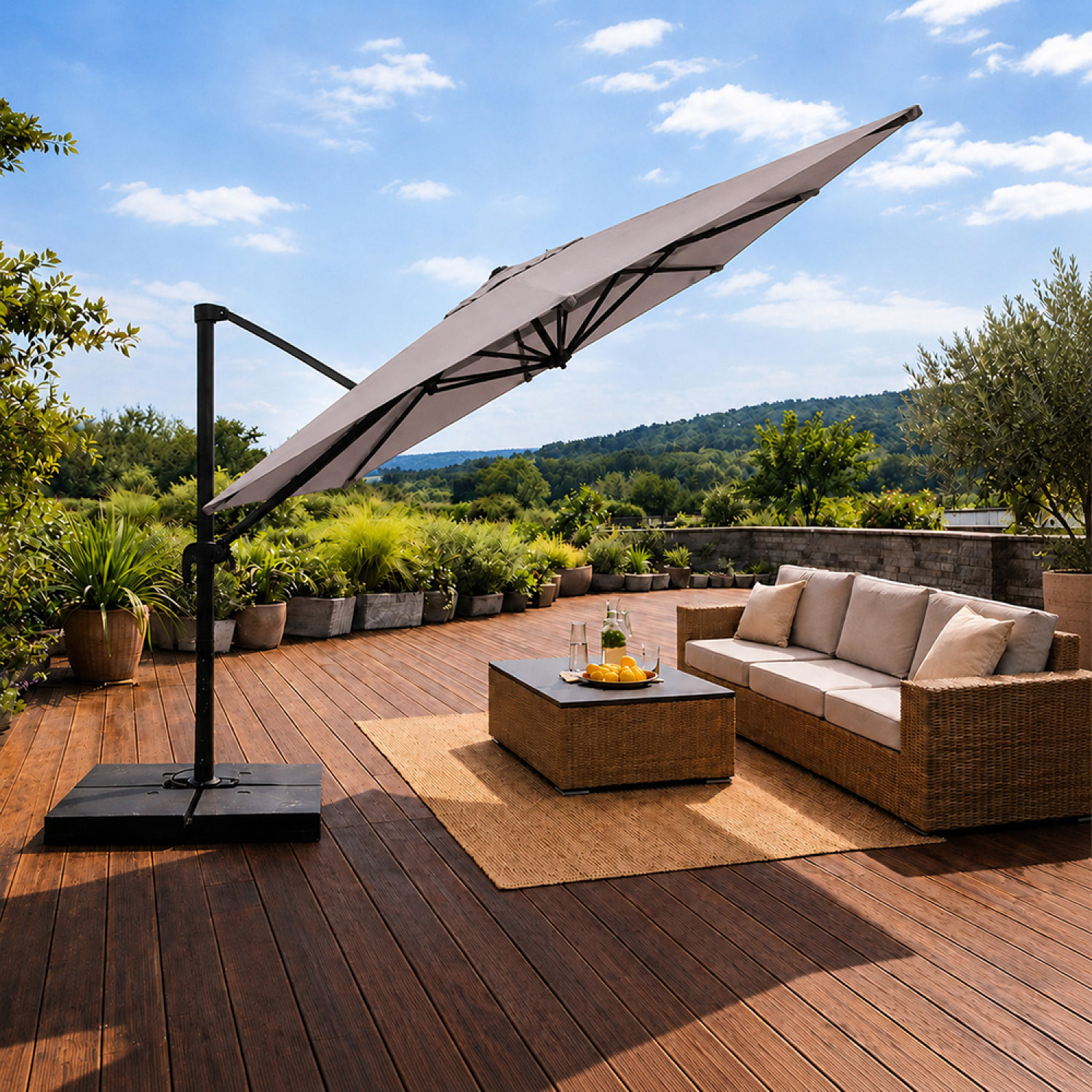 Parasol rectangulaire 3x4 déporté rotatif gris en aluminium GHAZIE