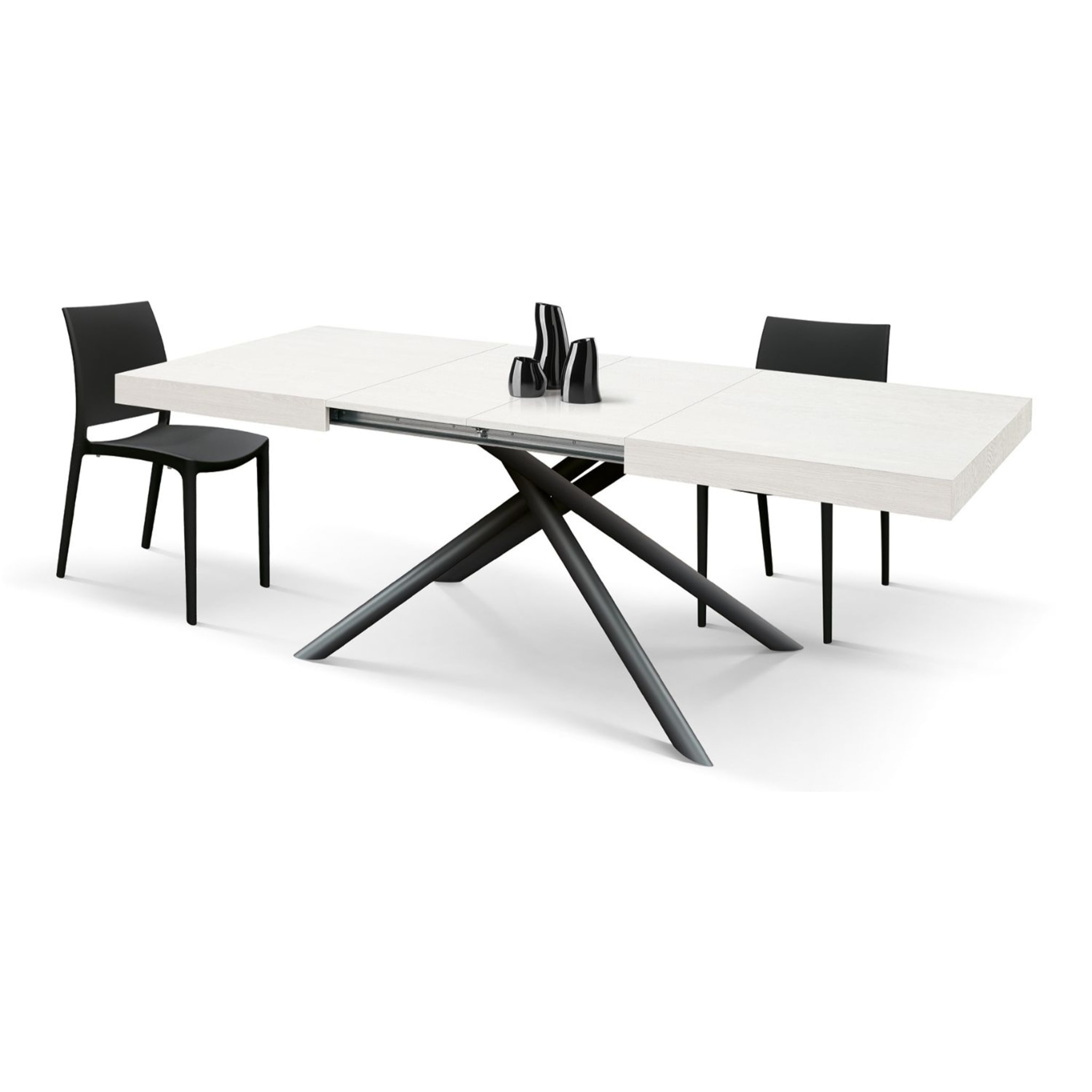 Tavolo CARRARA in legno, finitura bianco frassinato e base in metallo verniciato antracite, allungabile 180×90 cm – 260×90 cm