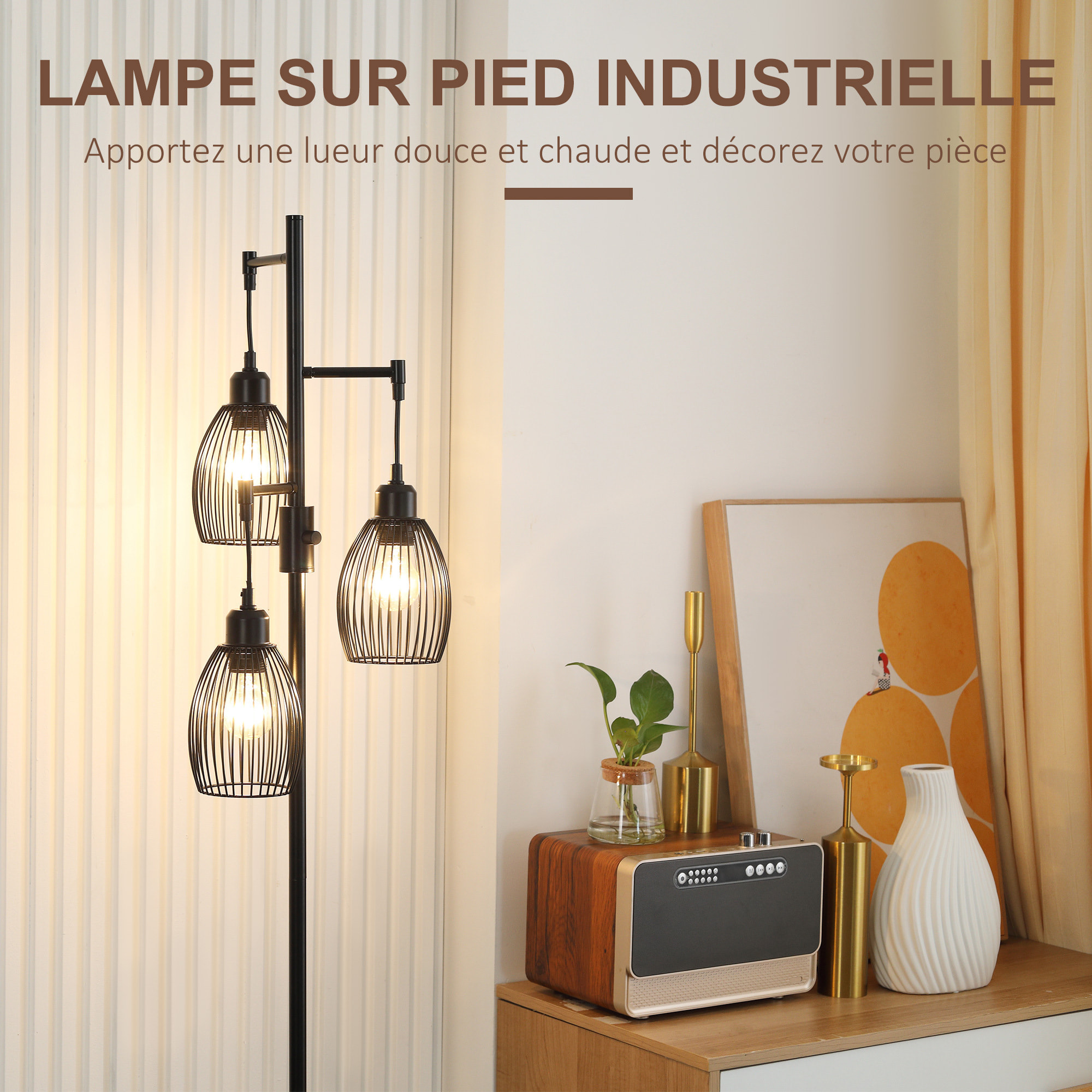 Lampadaire design industriel 3 têtes 40 W max. luminosité réglable métal filaire acier noir
