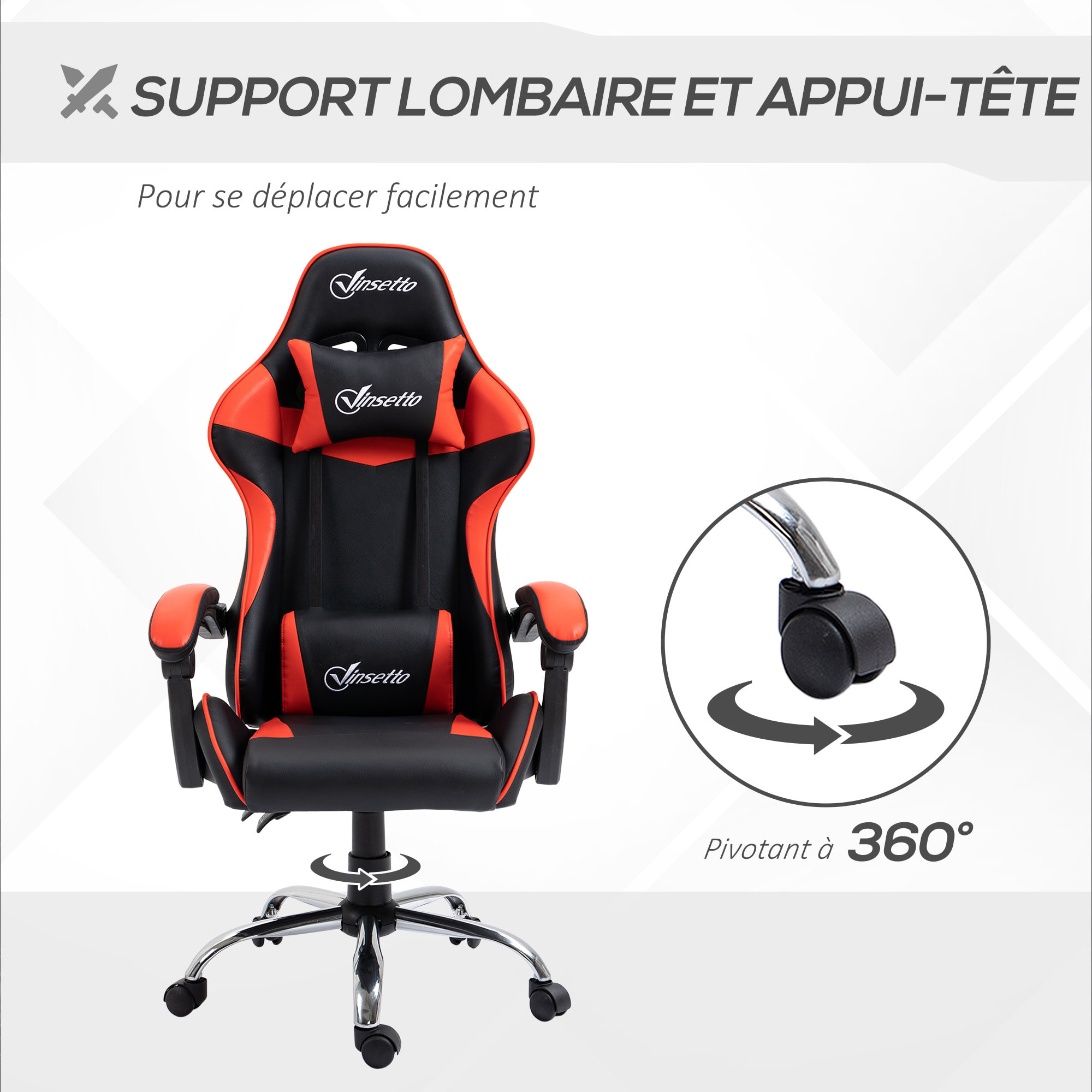 Fauteuil de bureau gamer style baquet racing - pivotant, inclinable - coussins tétière et lombaires inclus - revêtement PU rouge noir