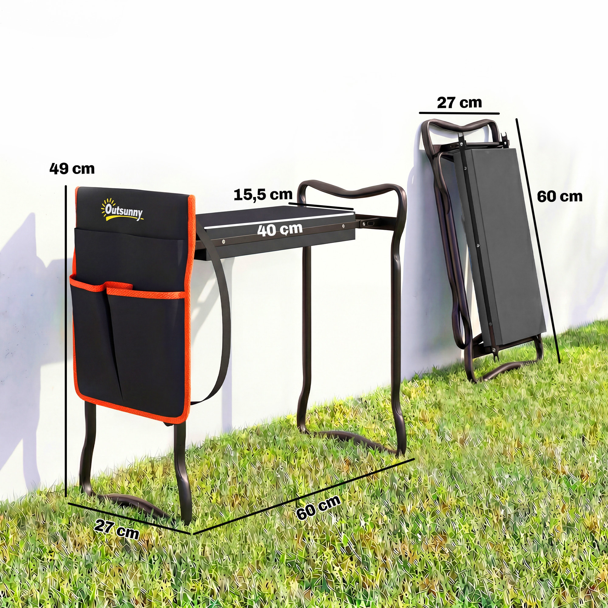 Taburete de Jardín Plegable con Almohadilla de Espuma EVA, Asiento de Jardín Portátil con Bolsa para Herramientas en Cintura, Carga 150 kg, Regalo para Jardineros, Ancianos, Negro