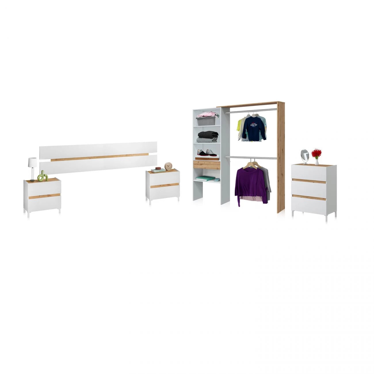 Dormitorio Ezra 3C Plus V2 Blanco Artik (Blanco Mate) - Roble Nodi