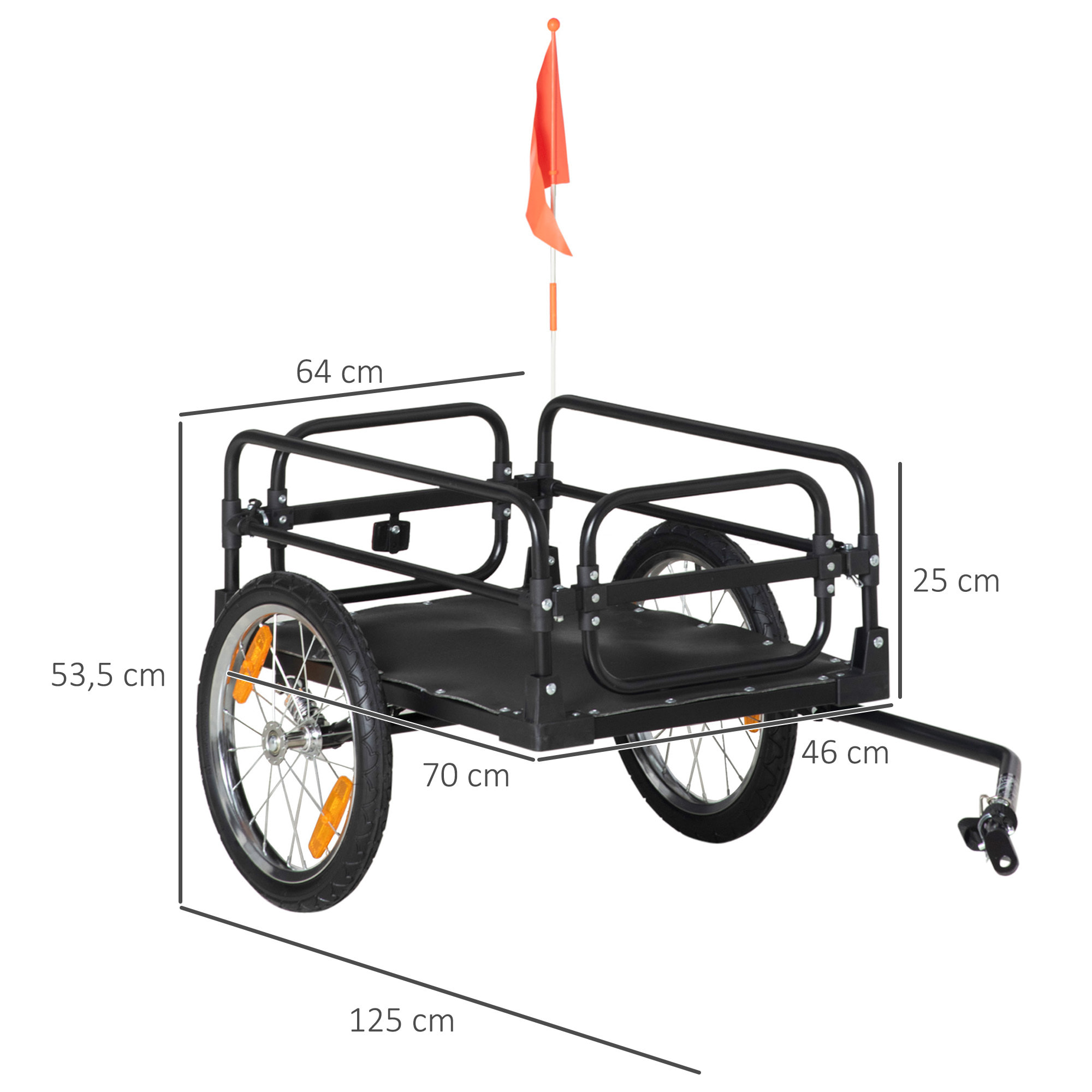 Remolque de Carga para Bicicleta Carro para Bicicleta Desmontable con 2 Ruedas Reflectores y Bandera Marco con Amortiguador Capacidad de 70L Carga 40 kg 125x64x53,5 cm Negro
