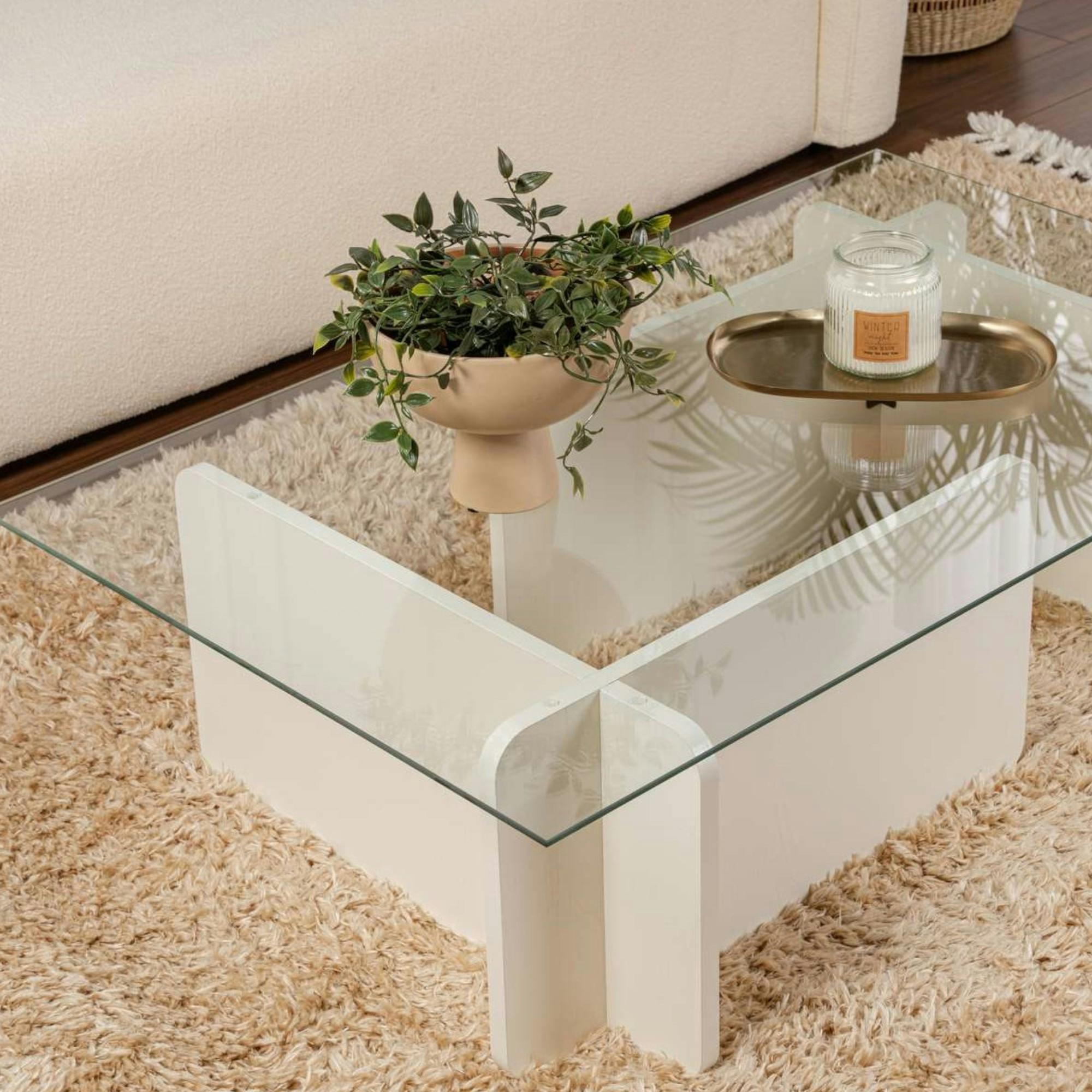 Table basse verre déstructurée – base effet bois blanc SALTA