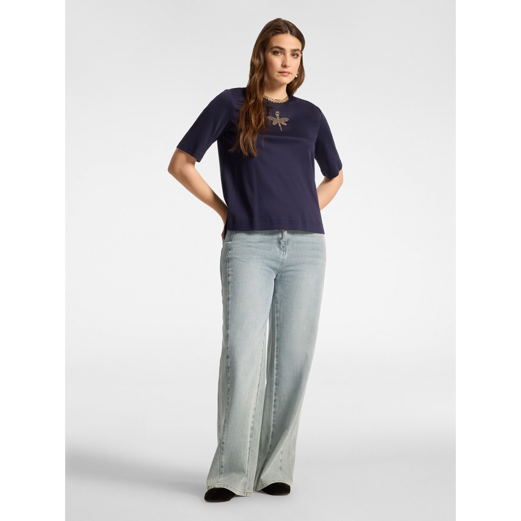 Elena Mirò - Camiseta de algodón con aplicación de libélula - Azul