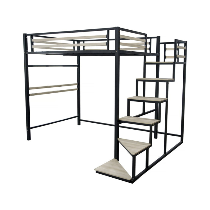 Lit mezzanine en métal avec escalier "LENA" - 140 x 190 cm - Noir