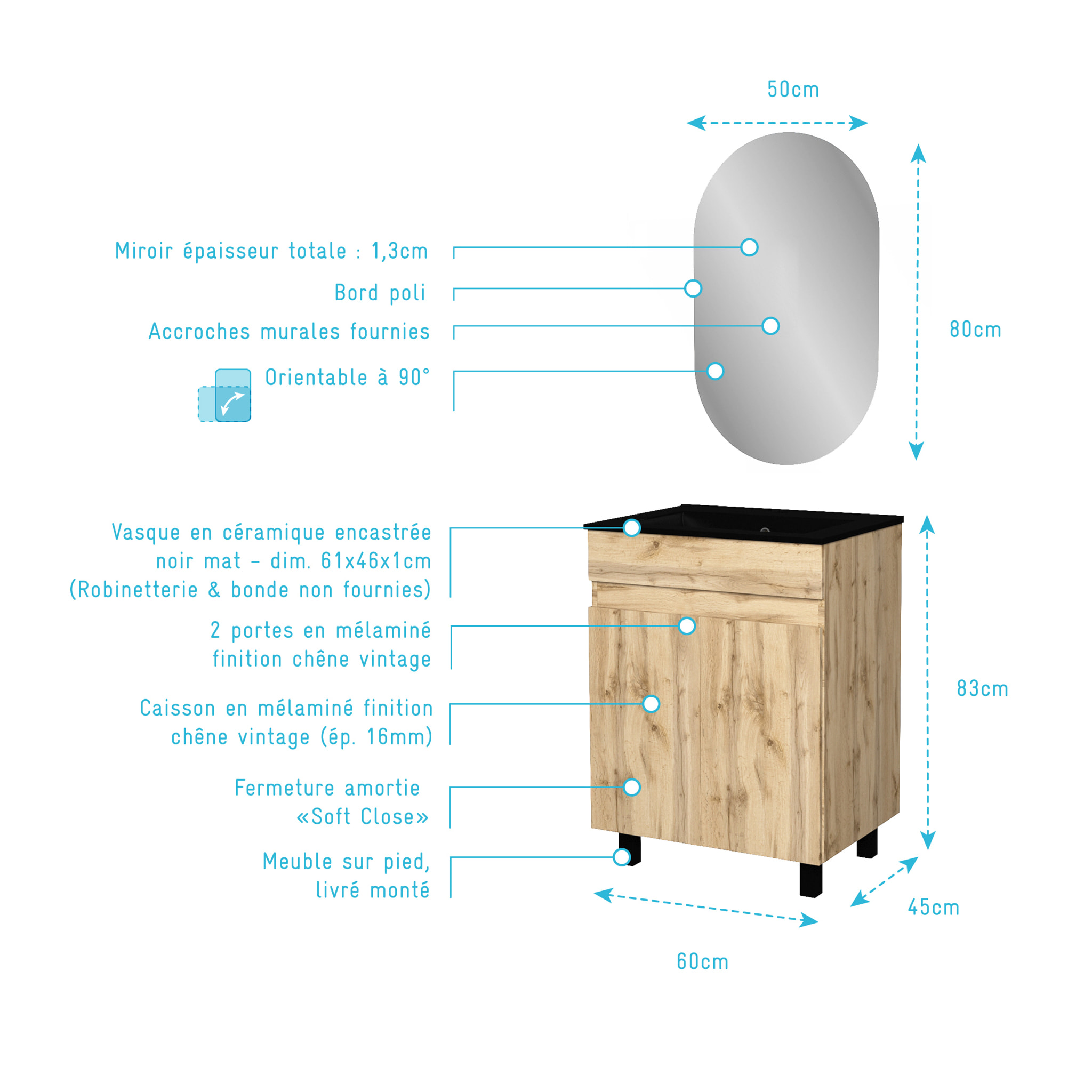 Meuble Salle de Bains 60cm 2 Portes Chêne Naturel + Vasque Noire et Miroir Ovale