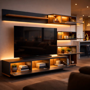 Parete Attrezzata Mobile TV Vetrine LED Pensili Mensola Soggiorno Contenitore Salvaspazio Design Moderno Multimedia 240 x 40 x 150 Cm Rovere Antracite