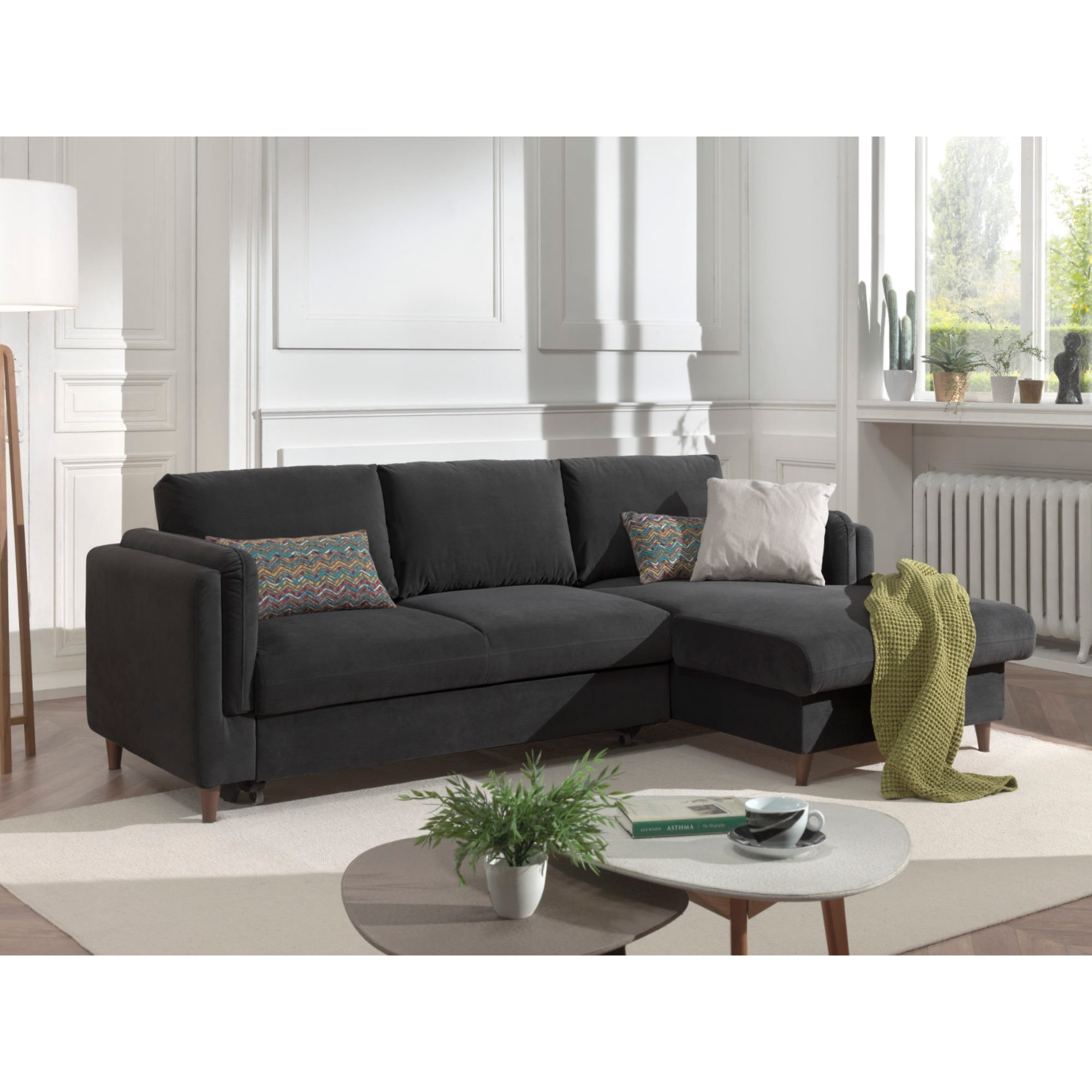 Brooke - canapé d'angle droit - convertible avec coffre - 4 places - en velours - Gris foncé