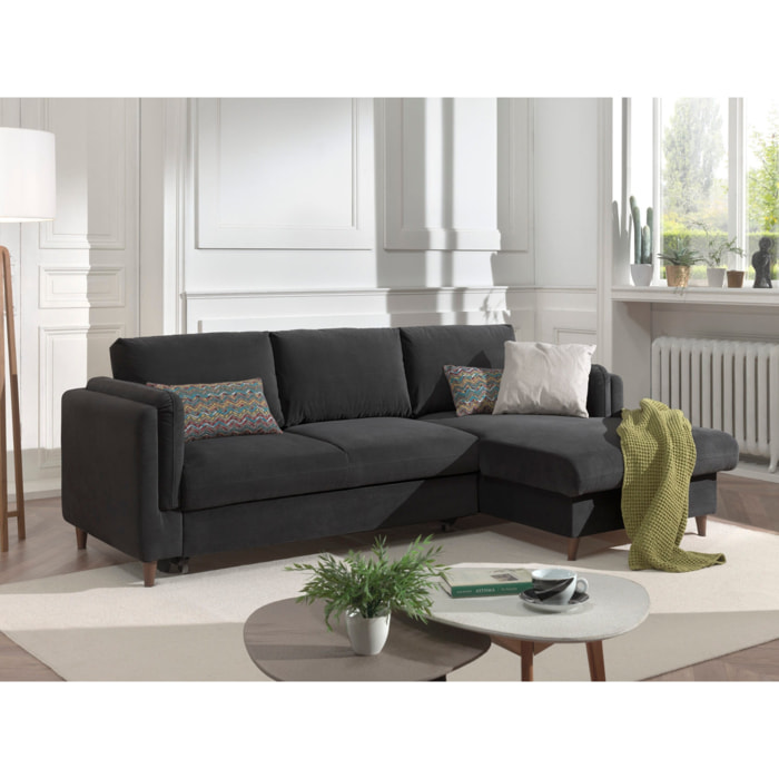 Brooke - canapé d'angle droit - convertible avec coffre - 4 places - en velours - Gris foncé