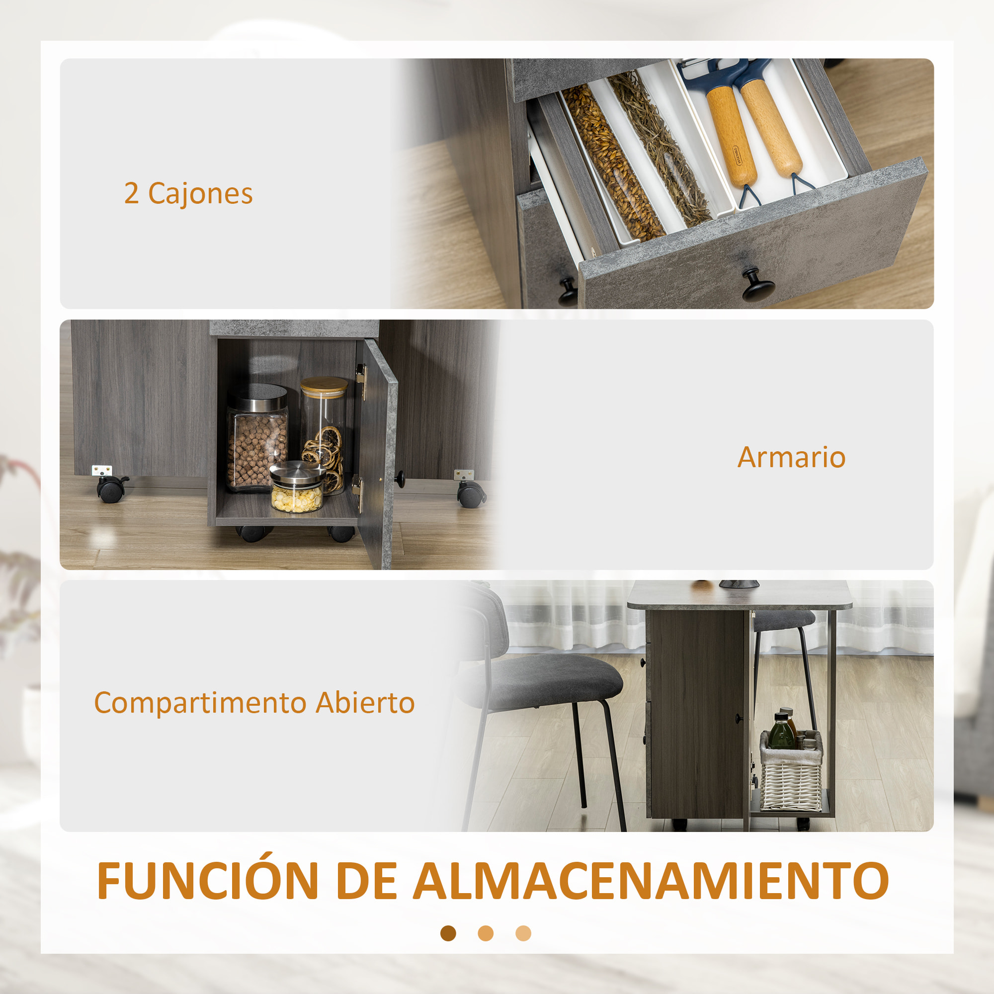 Mesa Plegable de Comedor, Mesa de Cocina Plegable, con Ruedas, Alas Abatibles, 2 Cajones, Estante y Armario, Hasta 6 Personas, para Salón, Espacio Pequeño, 120x60x76,5 cm, Gris