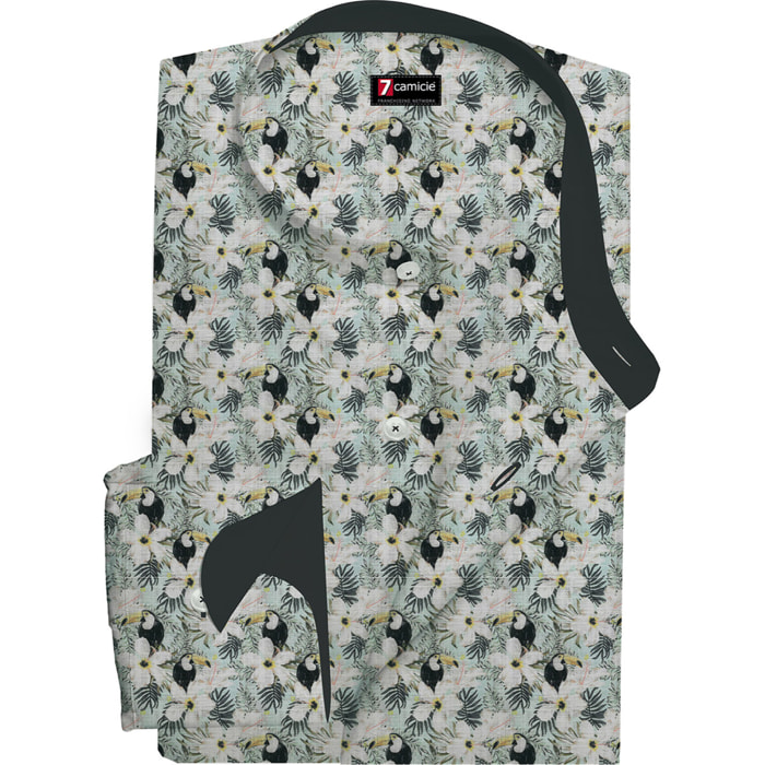 Camicia Uomo Coreano Slim Cotone Stampato Verde Acqua e Nero