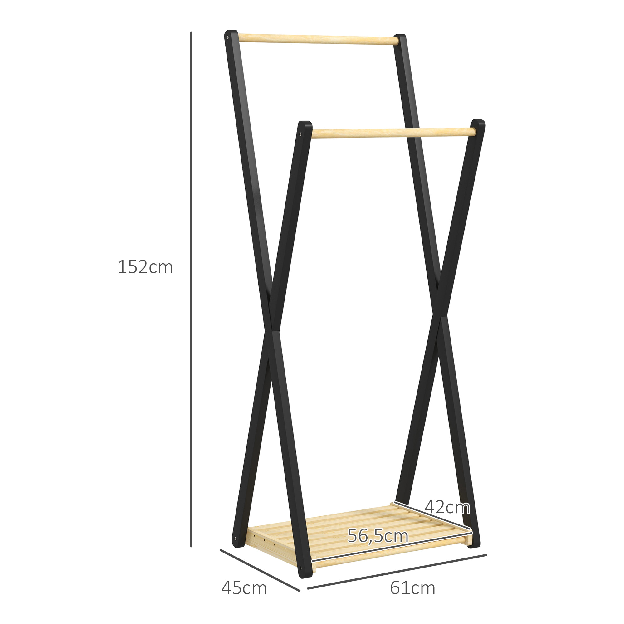 Portant à vêtements design contemporain - 2 barres, étagère - bois de pin naturel noir