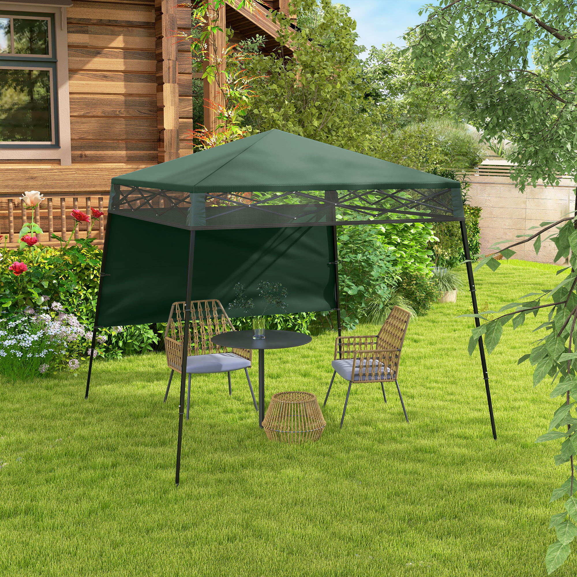 Carpa Plegable 220x220x200 cm Cenador Plegable con 1 Pared Lateral Bolsa de Transporte Impermeable y Protección UV50+ para Jardín Patio Verde