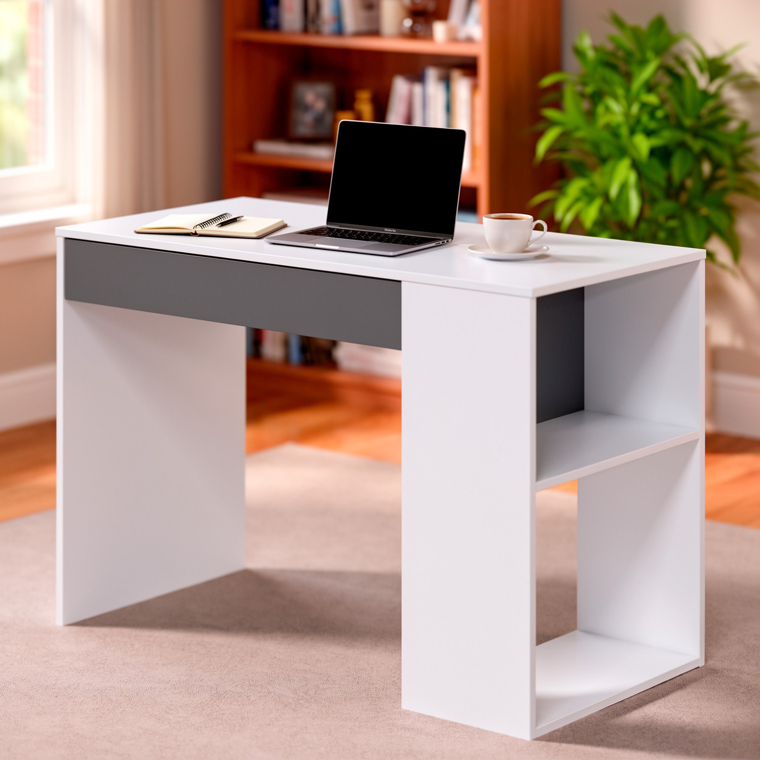 Scrivania Da Lavoro Per Computer Desk Con Cassetto Reversibile Design Moderno Ufficio Home Office Casa 73 x 101 x 50 Cm Bianco e Grigio Antracite