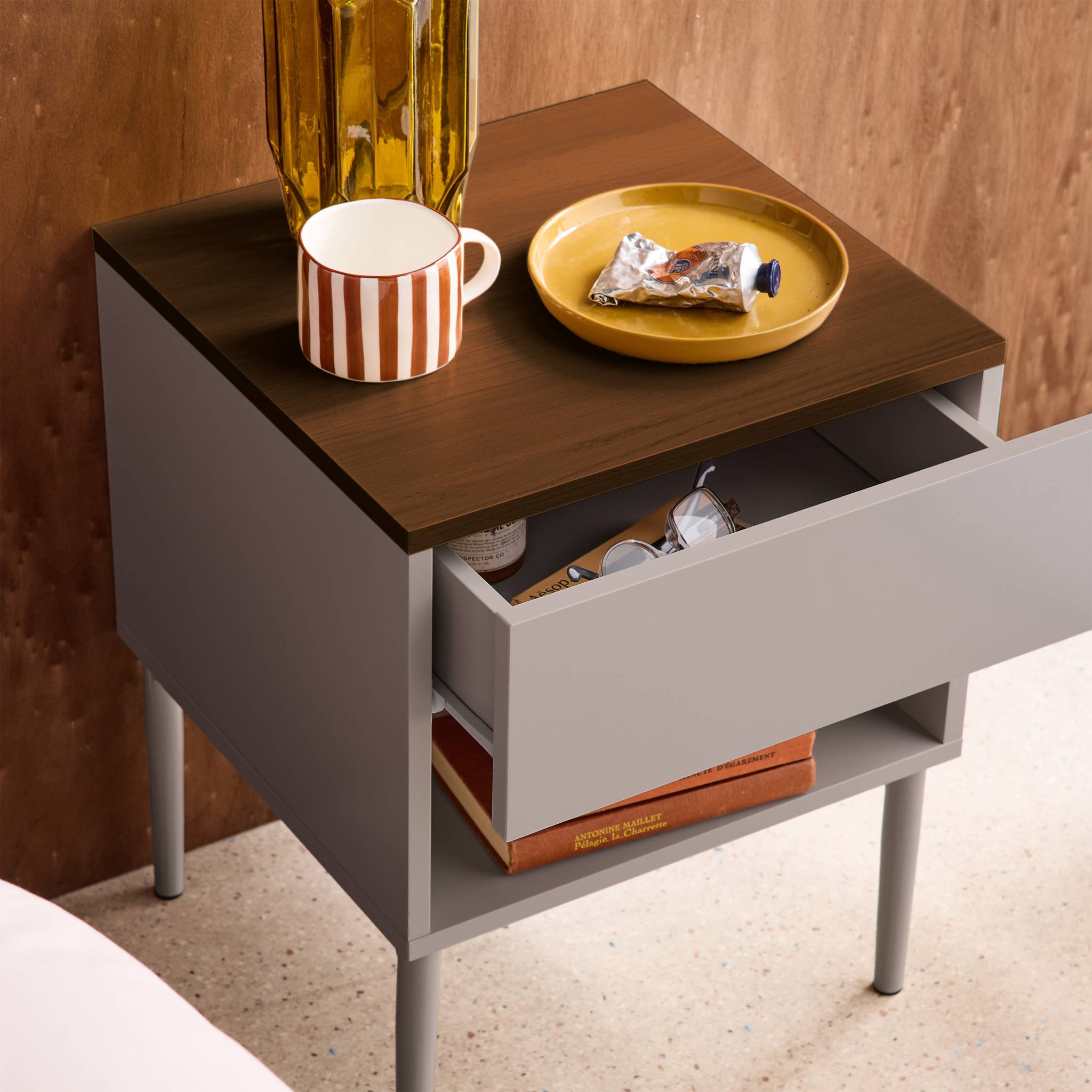 Table de chevet métal et décor bois 1 tiroir 1 niche  ASHTON