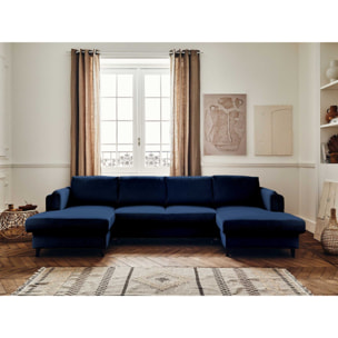 Brooke - canapé panoramique en U - 7 places - convertible avec coffre - en velours - Bleu nuit