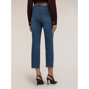 Motivi - Jeans cropped a vita alta con cintura animalier - Blu