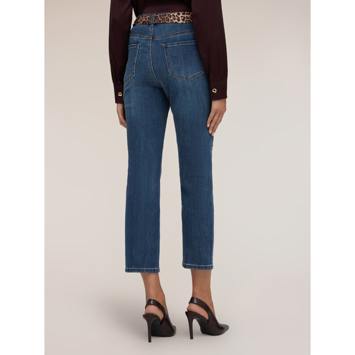 Motivi - Jeans cropped a vita alta con cintura animalier - Blu