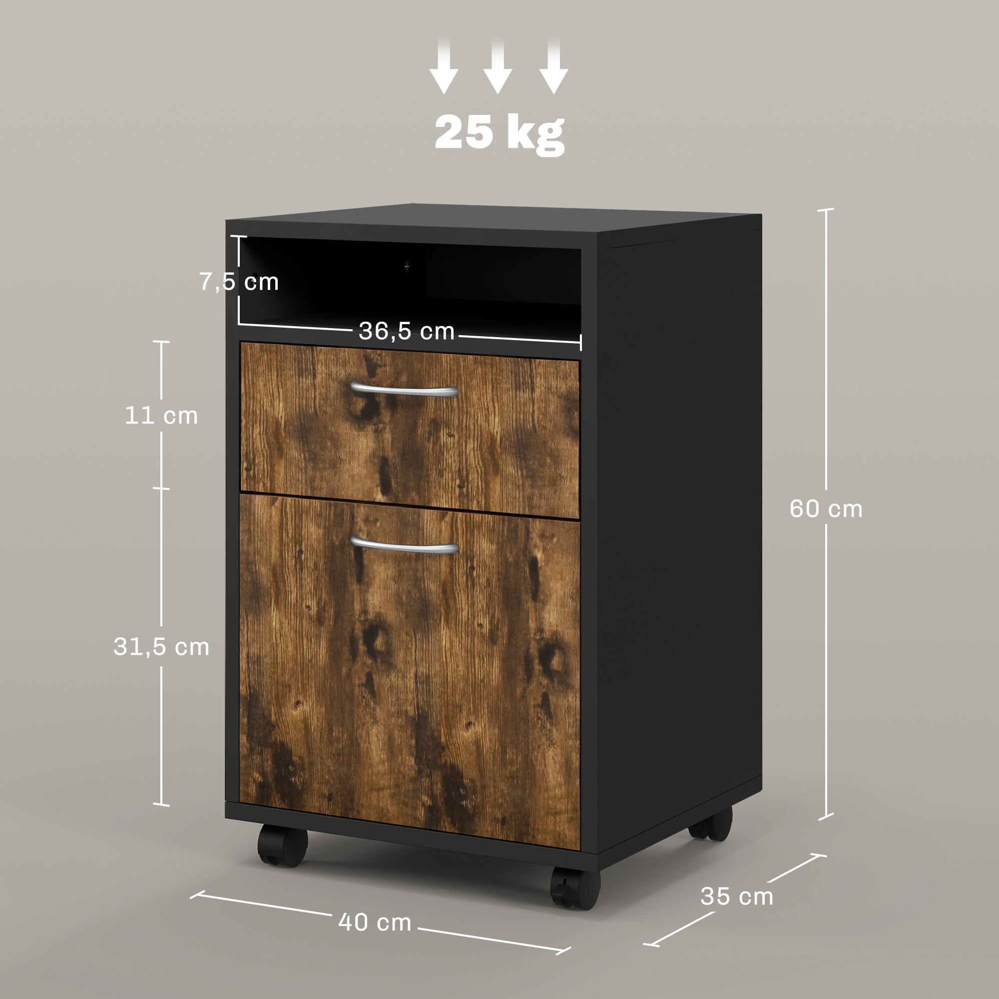 Caisson de bureau rangement bureau sur roulettes tiroir placard niche panneaux particules brun rustique