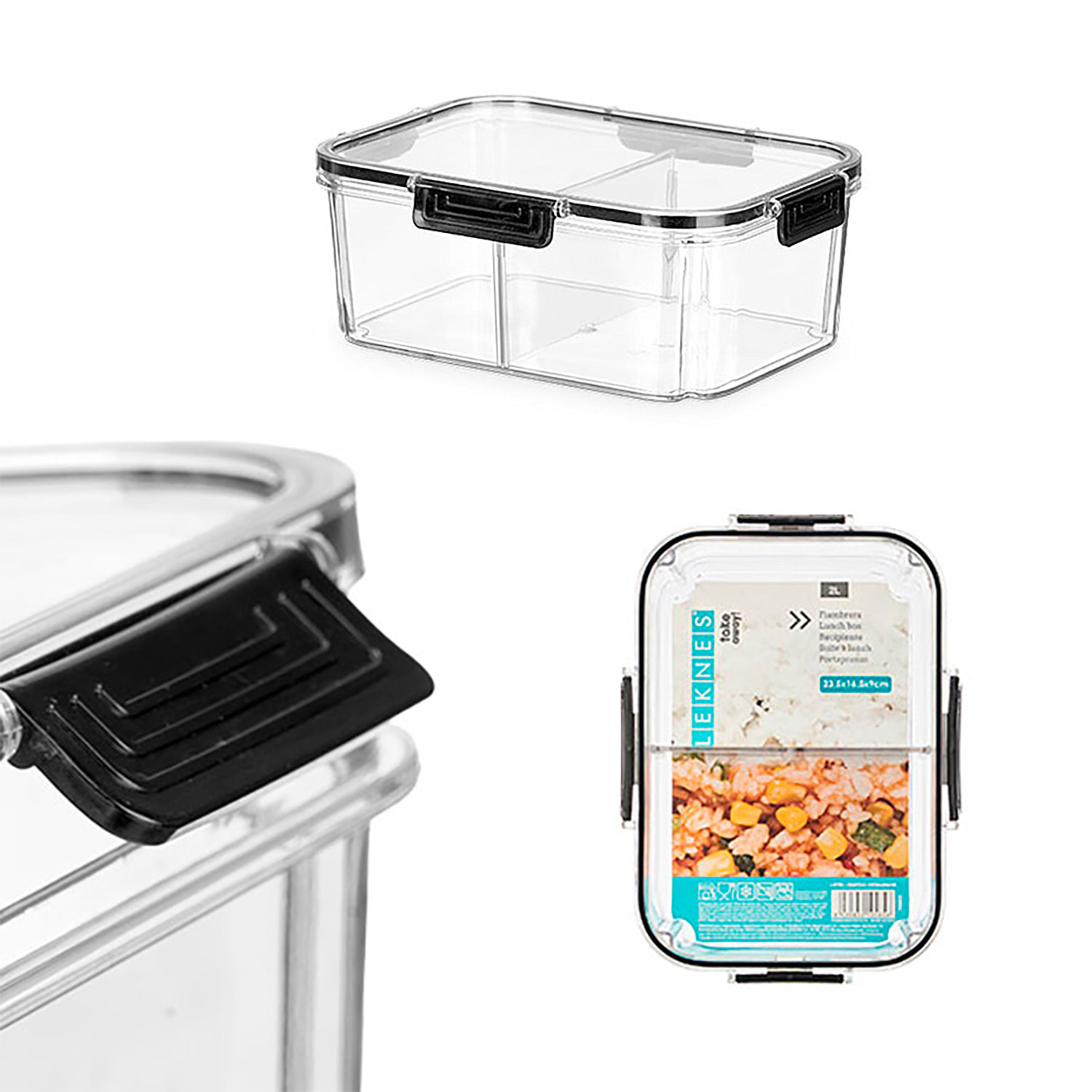 Contenitore ermetico trasparente nero con divisorio rimovibile. Capacità di 2000ml.