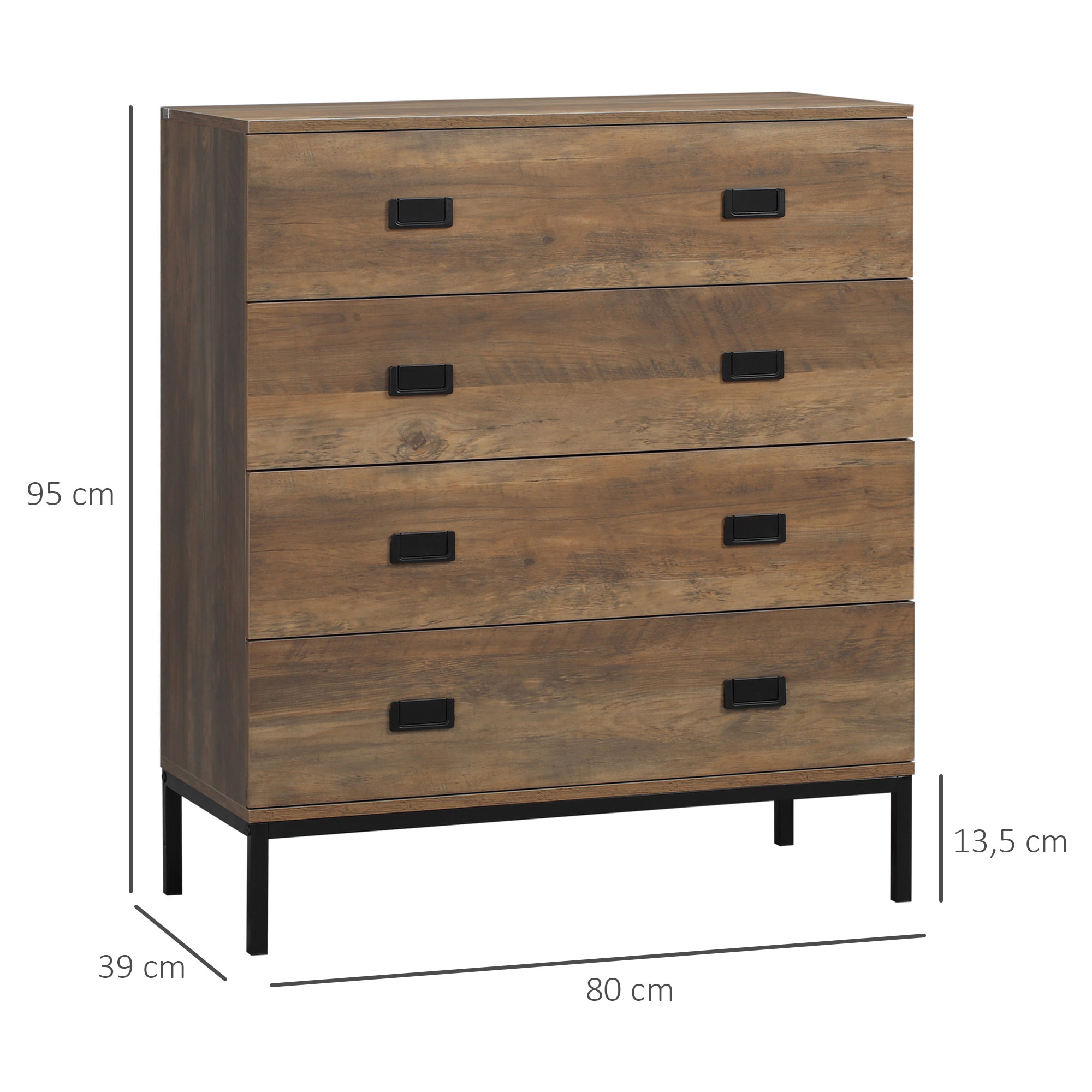 Commode 4 tiroirs style exotique effet bois de manguier piètement poignées métal noir dim. 80 x 39 x 95 cm