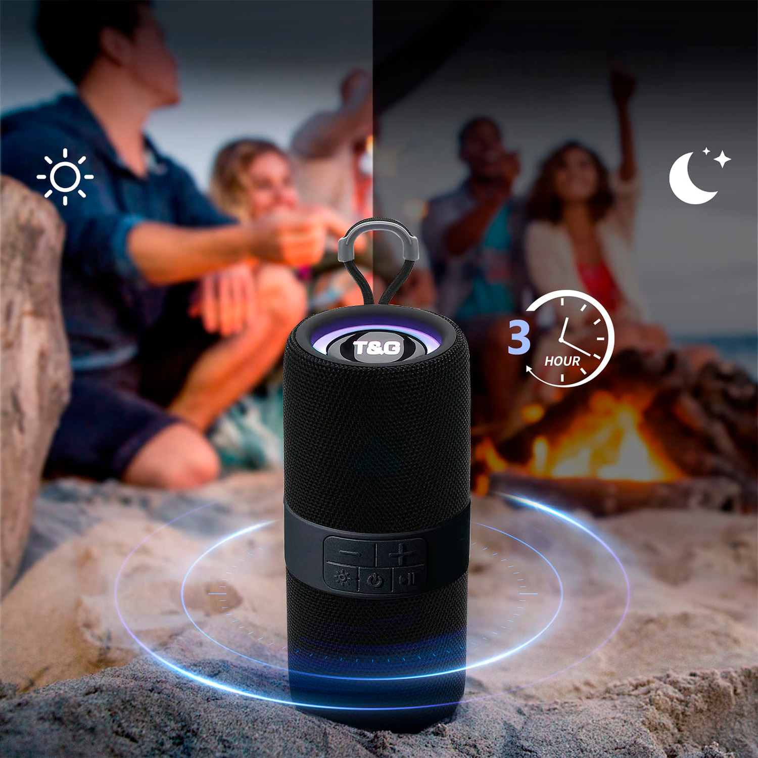 Altoparlante portatile multifunzionale con Bluetooth 5.0, radio FM, connessioni multiple e batteria da 1200mAh.