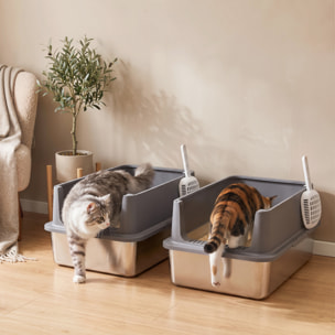 Juego de 2 Areneros Gatos de Acero Inoxidable XL Caja de Arena Grande con Borde Alto, 2 Palas, para Gatos Grandes y Gatitos Múltiples, Fácil de Limpiar, Antifugas, Antiadherente, Gris Oscuro