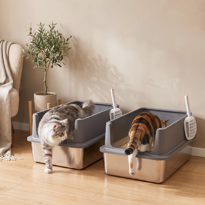 Juego de 2 Areneros Gatos de Acero Inoxidable XL Caja de Arena Grande con Borde Alto, 2 Palas, para Gatos Grandes y Gatitos Múltiples, Fácil de Limpiar, Antifugas, Antiadherente, Gris Oscuro
