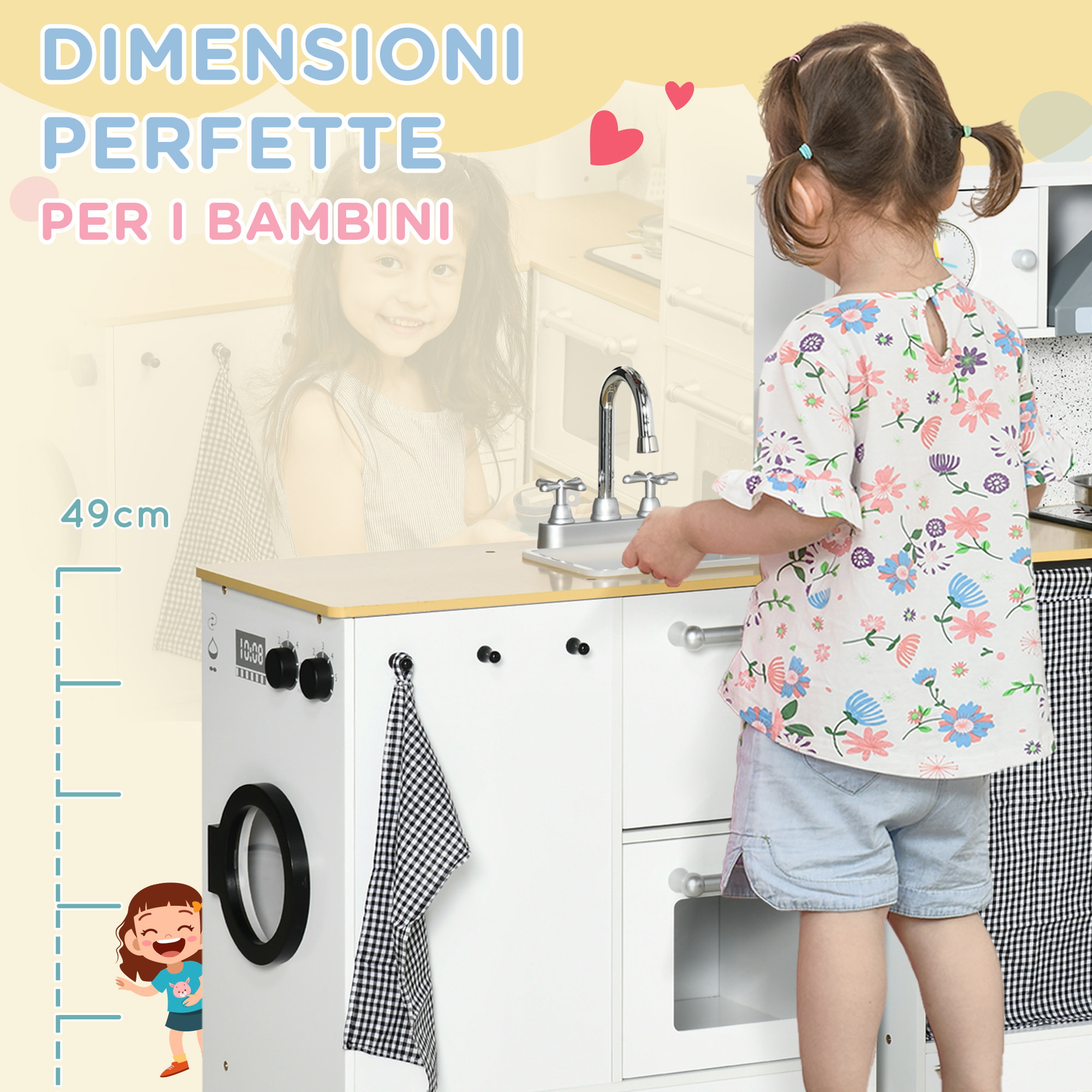 HOMCOM Cucina Giocattolo 2 Pezzi per Bambini 3-6 Anni con Utensili da Cucina, Luci ed Effetti Sonori, in MDF e PP