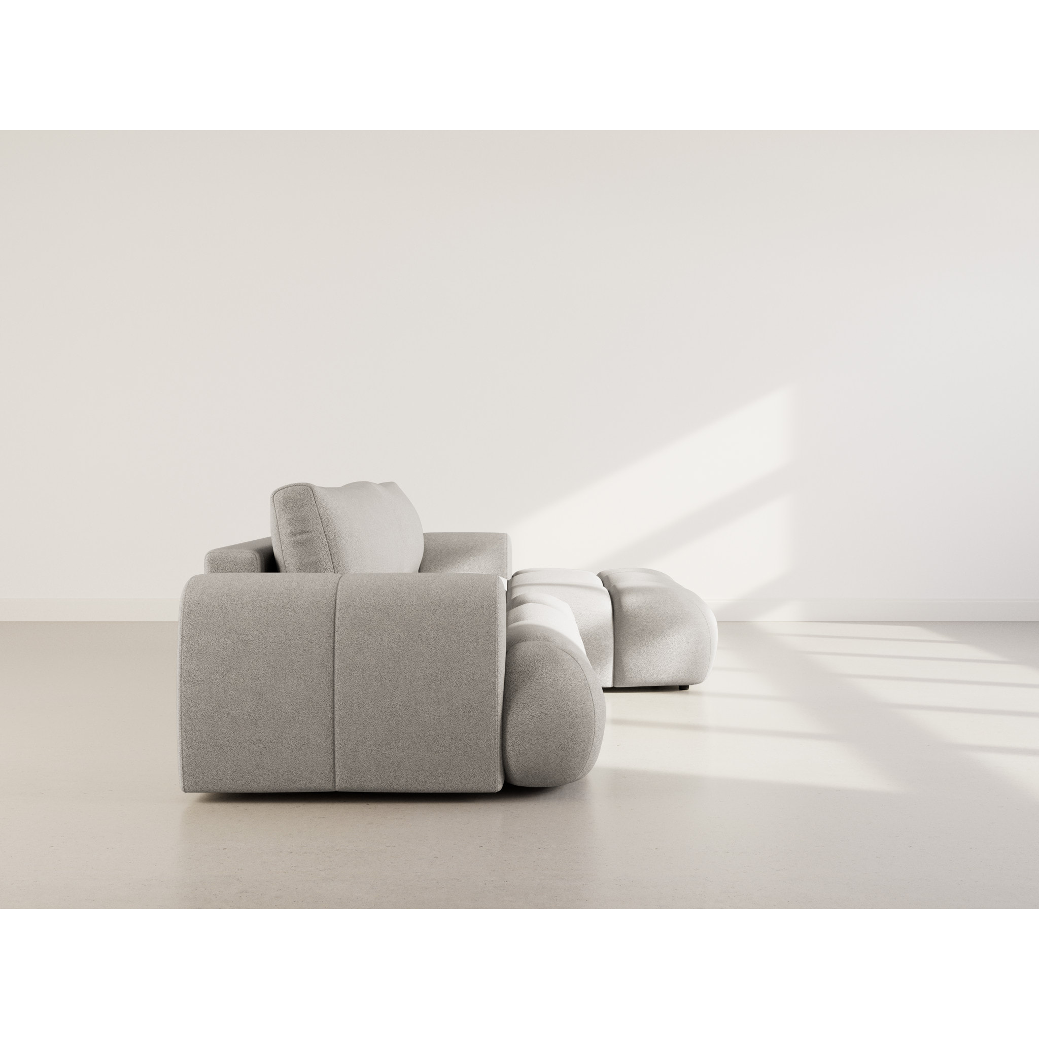 Yulin - Canapé d'angle droit 4 places convertible avec coffre en tissu bouclette - Gris clair