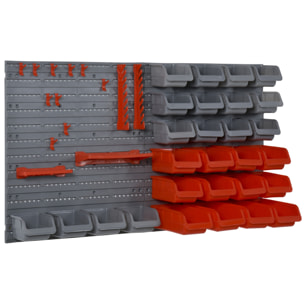 Organizador de Herramientas de Pared de 44 Piezas 95x54 cm Estantería de Pared para Herramientas con 28 Cajas Apilables y Diferentes Ganchos Gris y Rojo