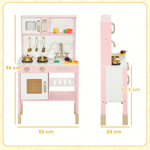 Cocina de Juguete de Madera con Sonido, Cocinita Infantil con Accesorios de Acero Inoxidable, Microondas, Horno, Fregadero, Verduras para Cortar, para Niños a Partir de 3 Años, Rosa