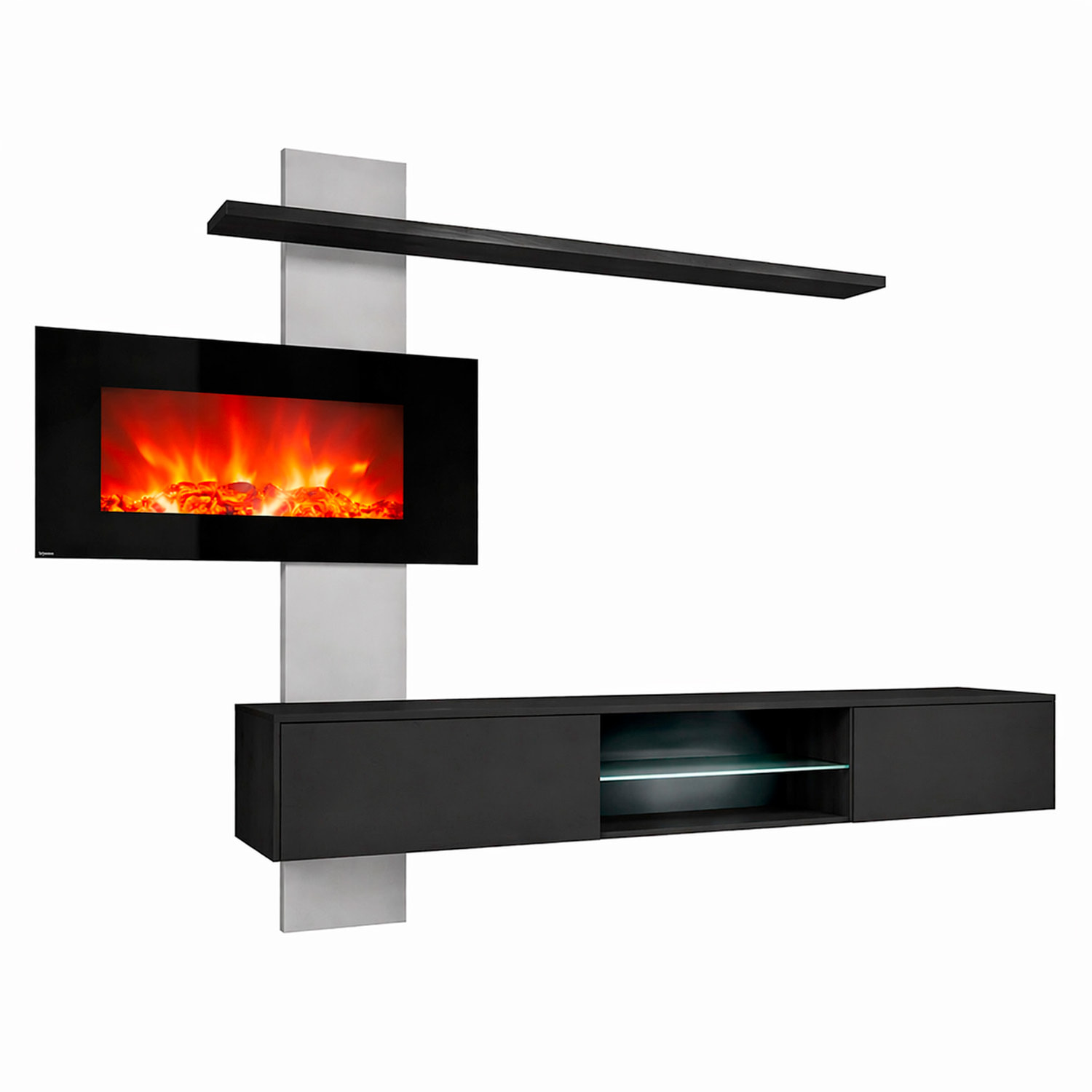Parete Attrezzata Soggiorno Mobile Tv Biocamino Led Mensola Design Living Arredo Casa Contenitore Vetro Push Click 250 x 170 x 40 Cm Nero E Grigio