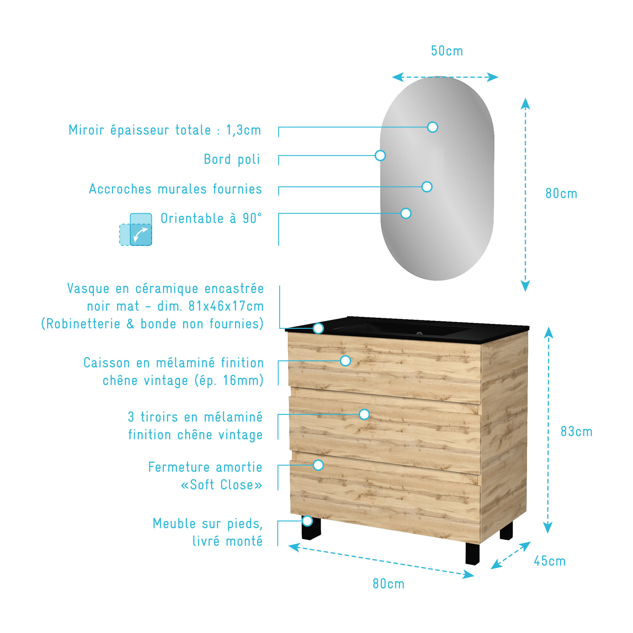 Meuble Salle de Bains 80cm 3 Tiroirs Chêne Naturel + Vasque Noire et Miroir Ovale