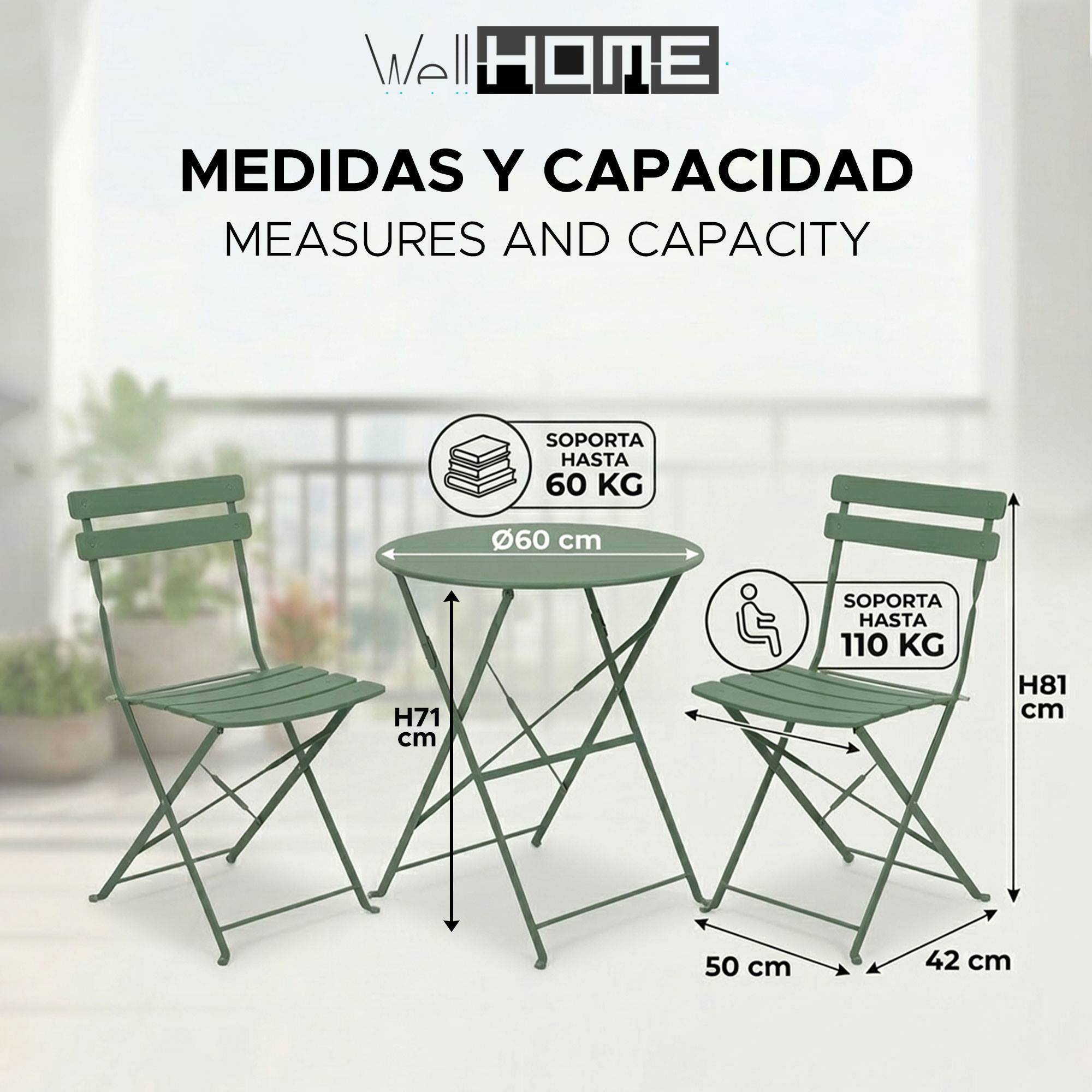 Set bistro plegable de 3 piezas (mesa 60cm + 2 sillas) en acero y verde mate, compacto para balcón