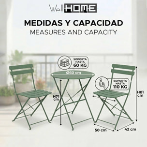 Set bistro plegable de 3 piezas (mesa 60cm + 2 sillas) en acero y verde mate, compacto para balcón