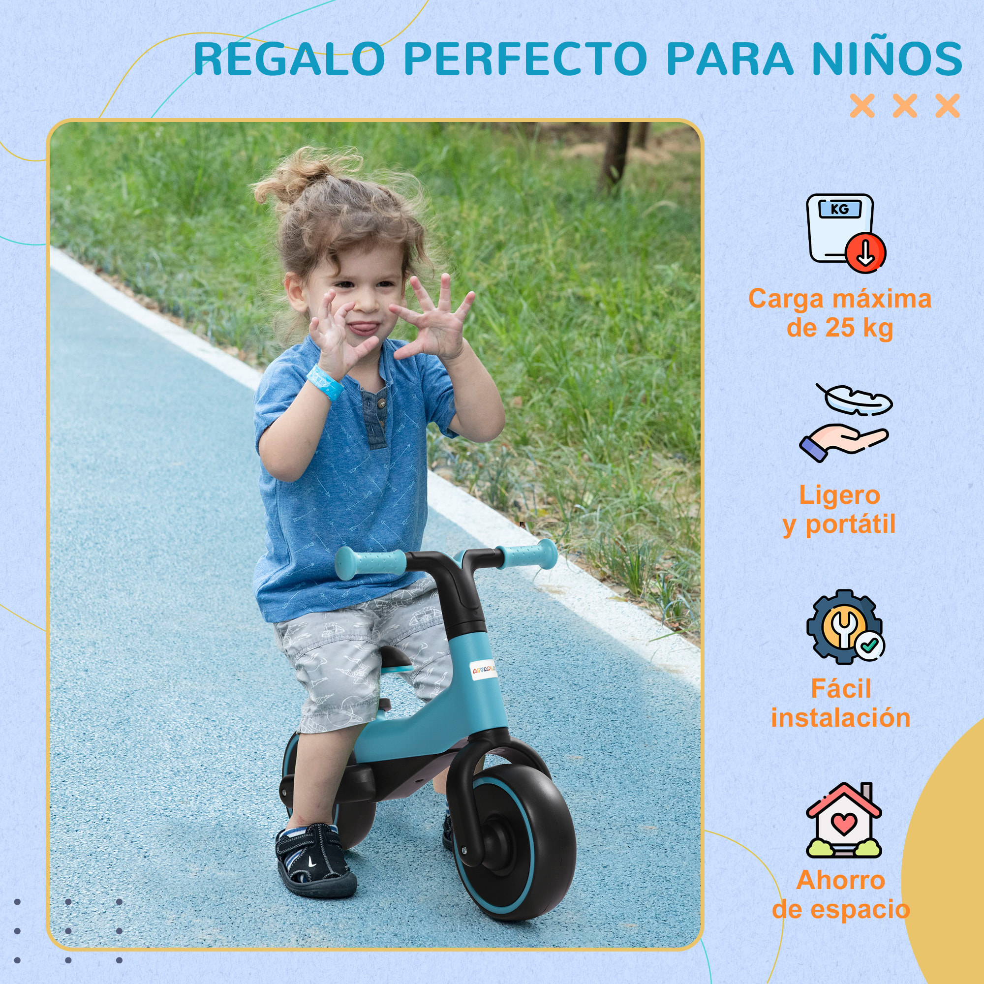 Bicicleta sin Pedales para Niños de +18 Meses Triciclo Infantil para Bebé con Sillín Ajustable en 30-36,5 cm Ruedas de Ø19 cm Carga 25 kg 66,5x34x46,5 cm Azul