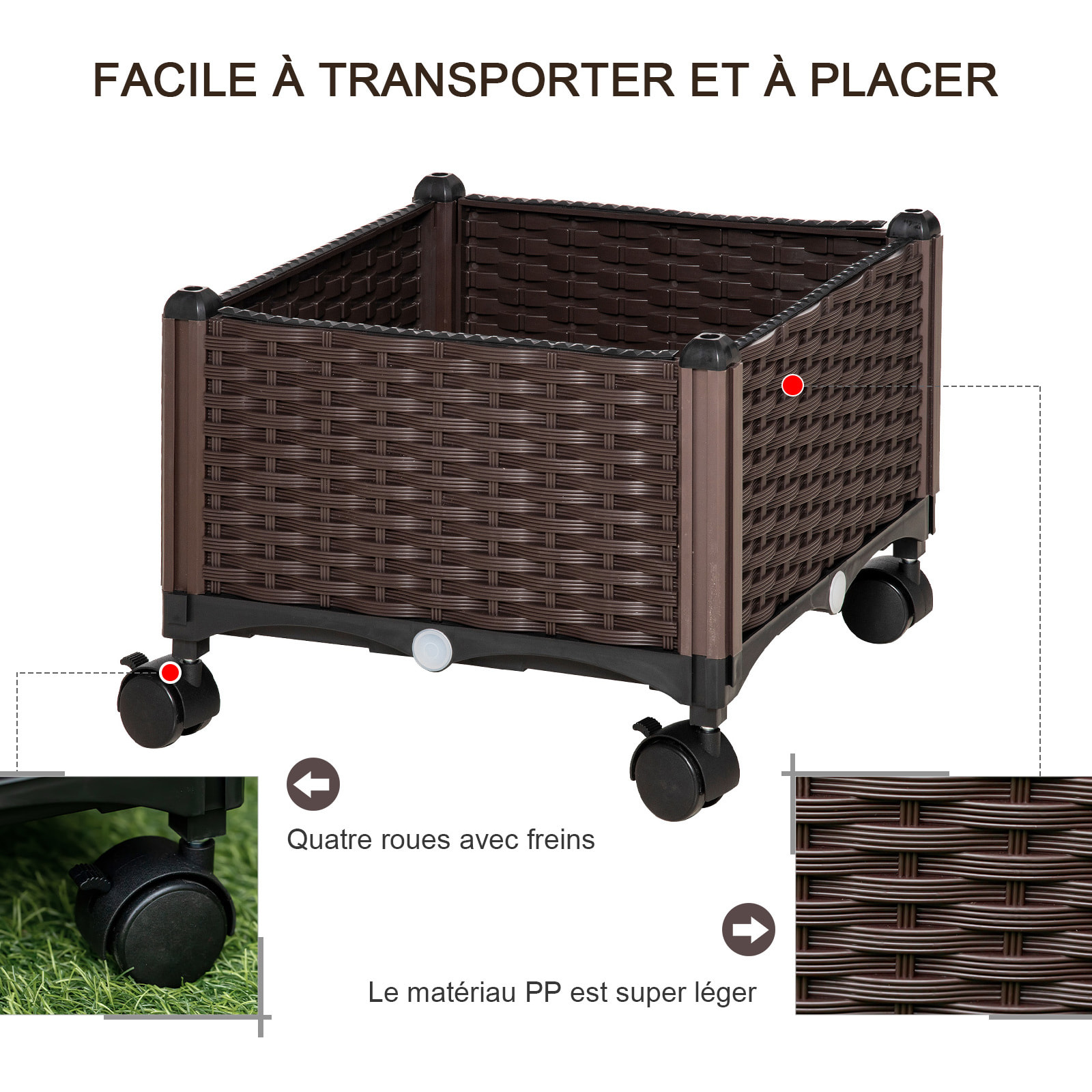 Jardinière sur roulettes dim. 40L x 40l x 31H cm insert d'irrigation plastique imitation rotin tressé chocolat