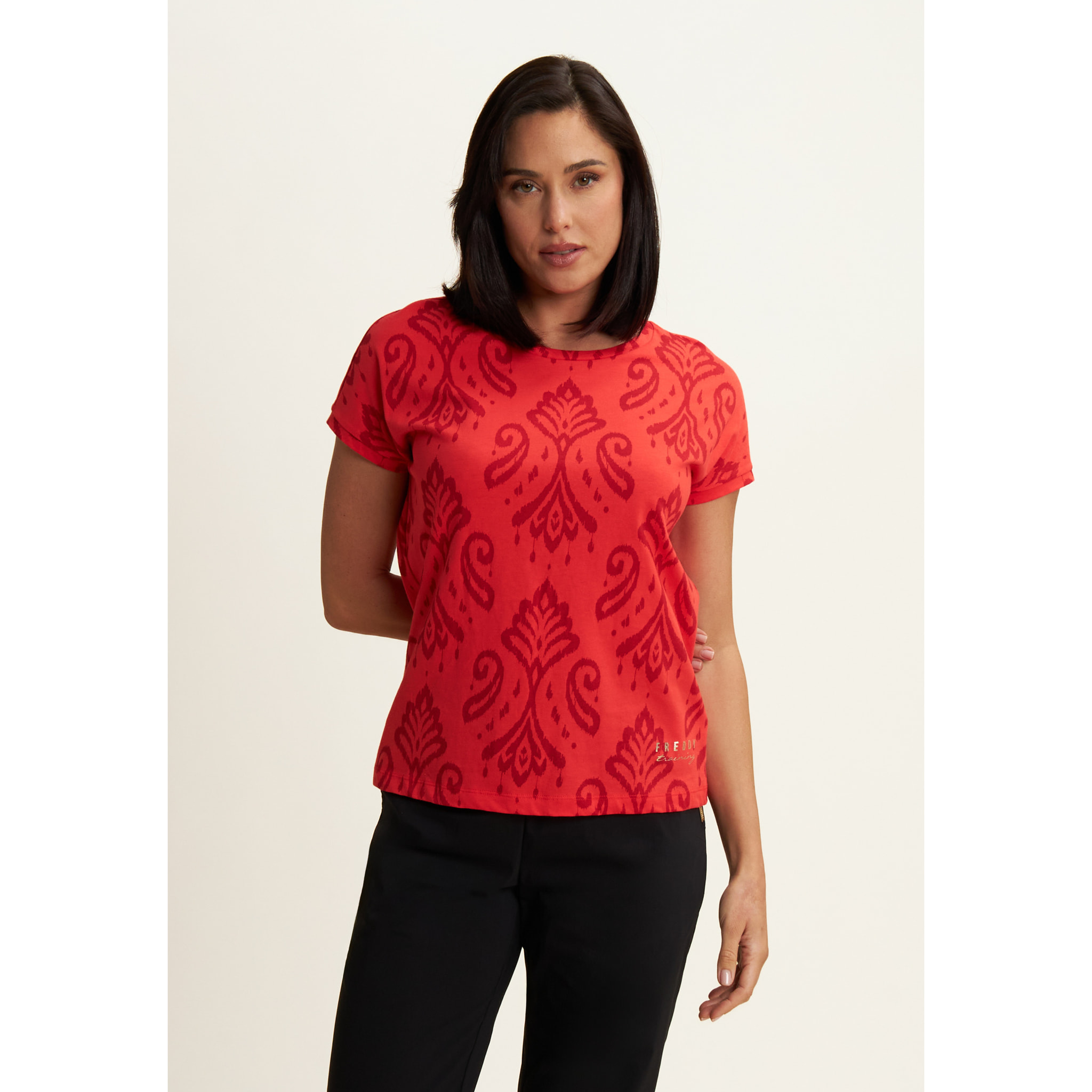 T-shirt floreale in jersey con maniche a kimono