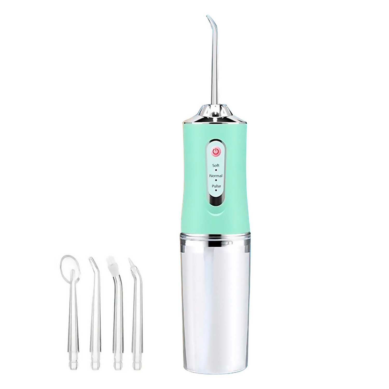 Irrigador bucal recargable con 4 boquillas. Déposito de 230ml, rotación de 360° y 3 modos de uso.