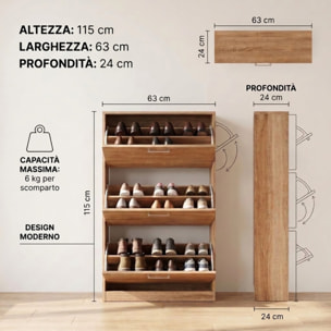 Scarpiera 3 ante salvaspazio in finitura rovere, mobile porta scarpe compatto fino a 18 paia, design moderno e funzionale, ideale per ingresso e corridoio, struttura resistente, facile da montare con istruzioni e accessori inclusi