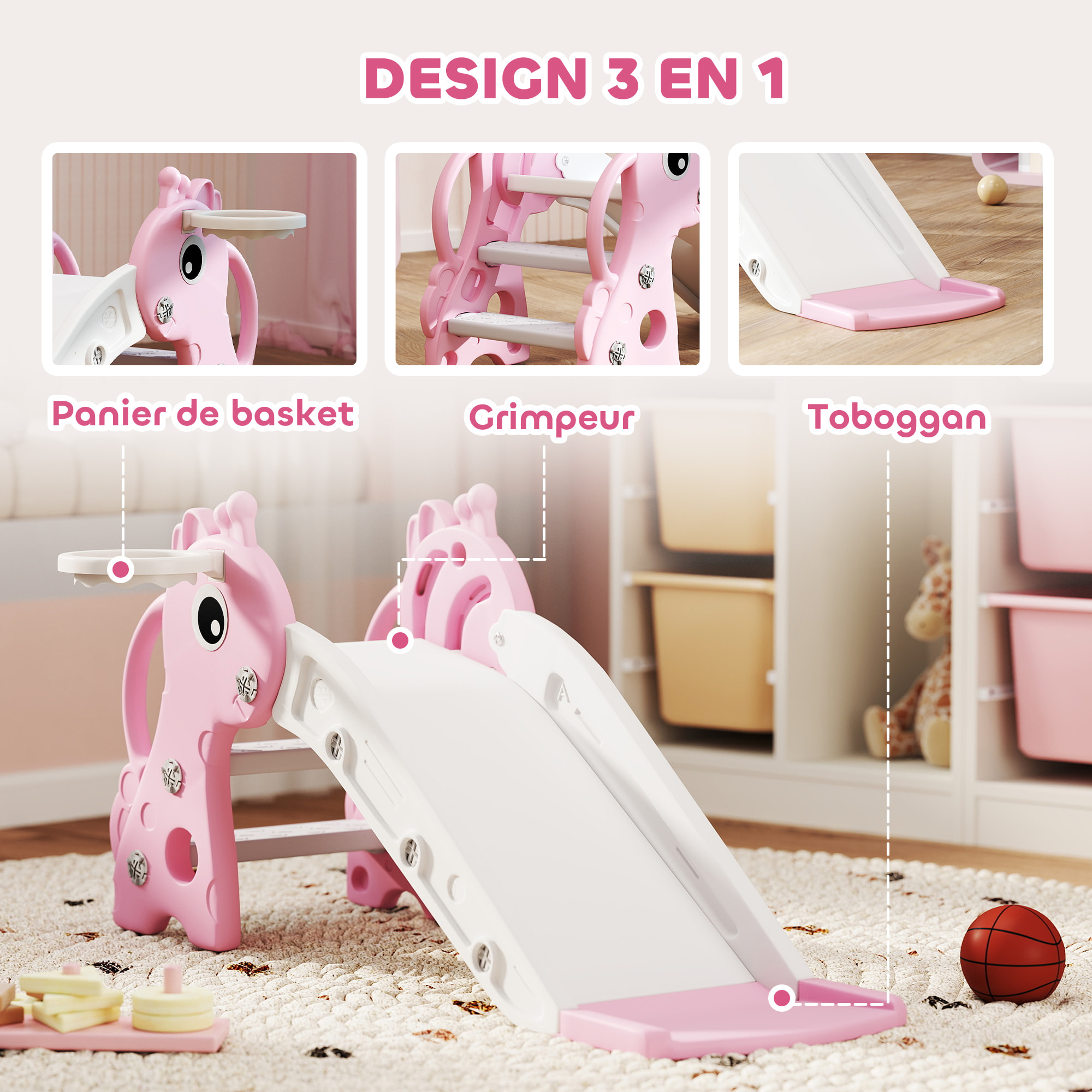 Toboggan enfant design girafon - panier de basket-ball intégré - ballon, pompe inclus - plastique rose blanc