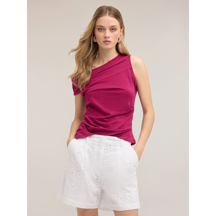 Motivi - Top de punto con escote barco asimétrico - Fuchsia