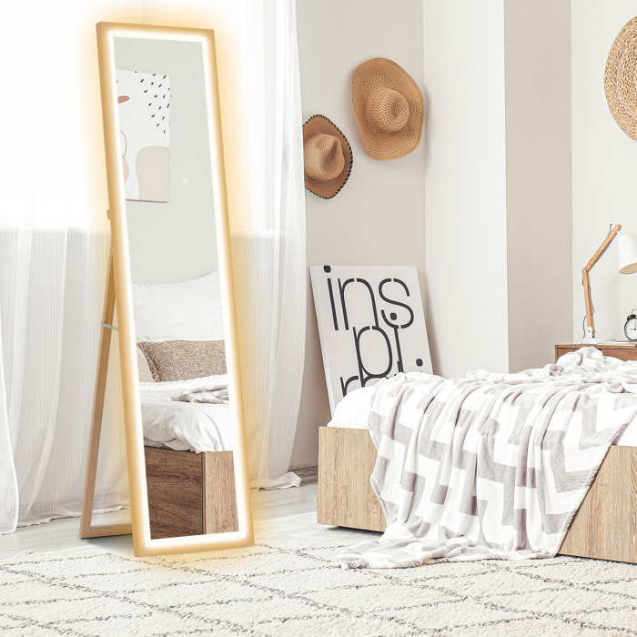 Espejo de Cuerpo Entero con Luz LED 160x40 cm Espejo de Pie o de Pared con Iluminación de 3 Colores Táctil Inteligente Función de Memoria y Soporte para Salón Dormitorio Roble