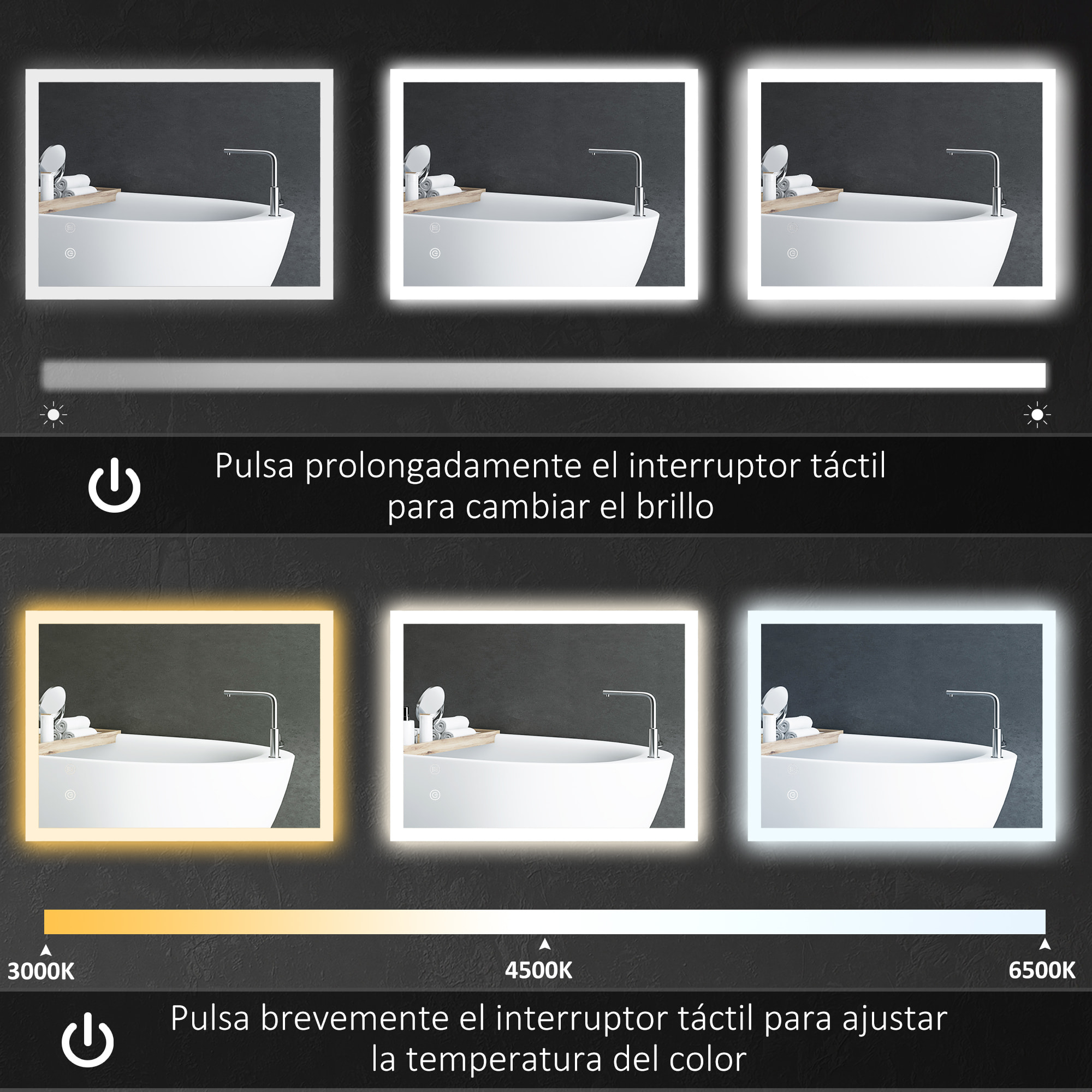 Espejo de Baño con Luces LED 70x50 cm Espejo de Pared Antivaho con Luces Retroiluminado 3 Colores Función de Memoria Interruptor Táctil IP44 Horizontal o Vertical Plata